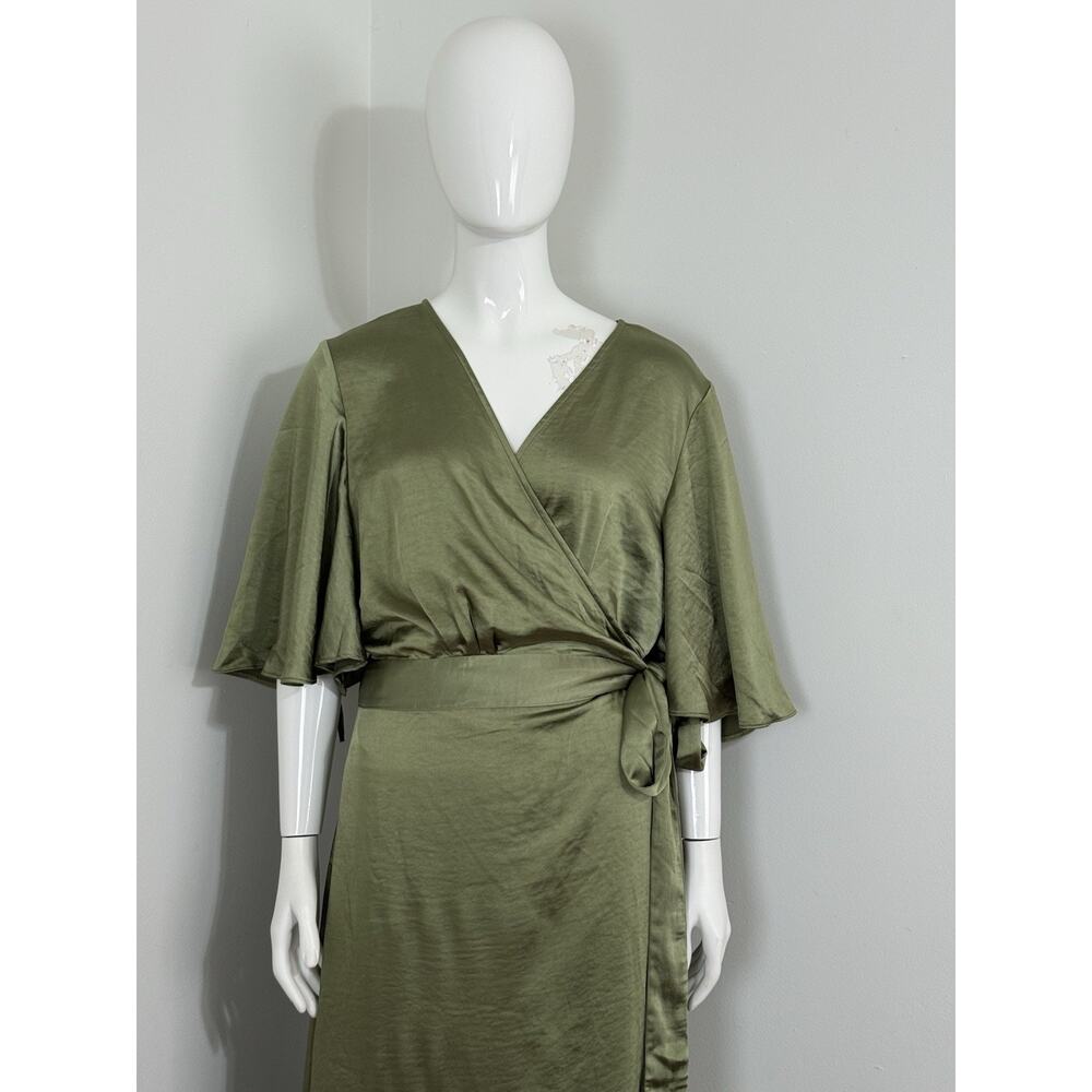 Six Stories Sage Green Satin Wrap Maxi Dress Women Uk 22 Flutter Sleeve Nwt $199 — image 6 of 8